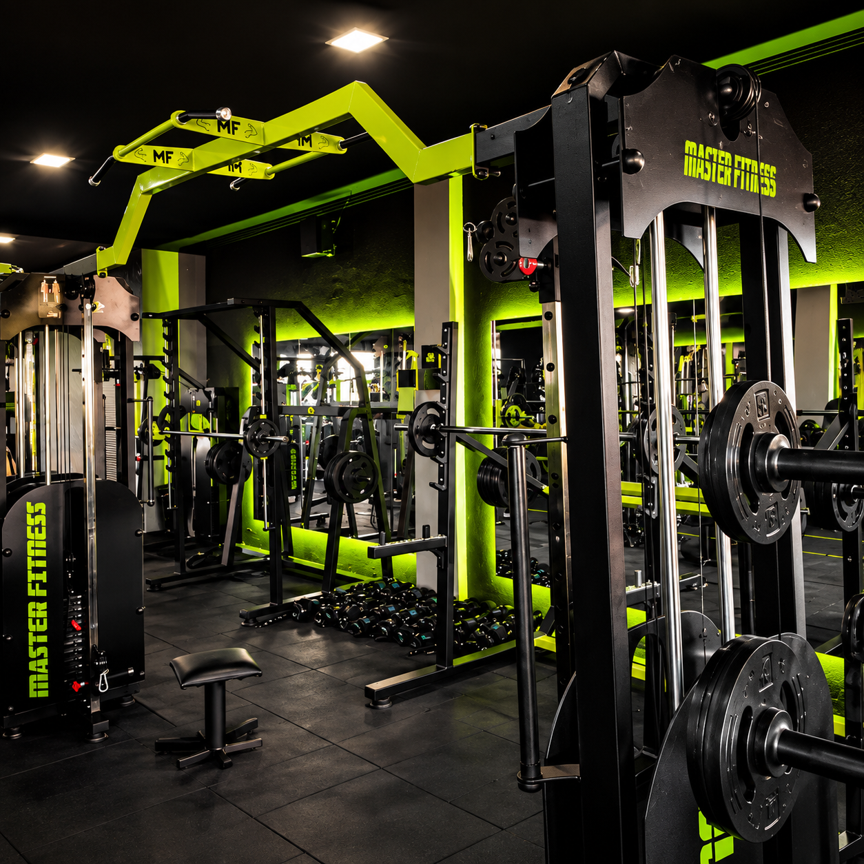 Área de musculação com equipamentos preto e verde
