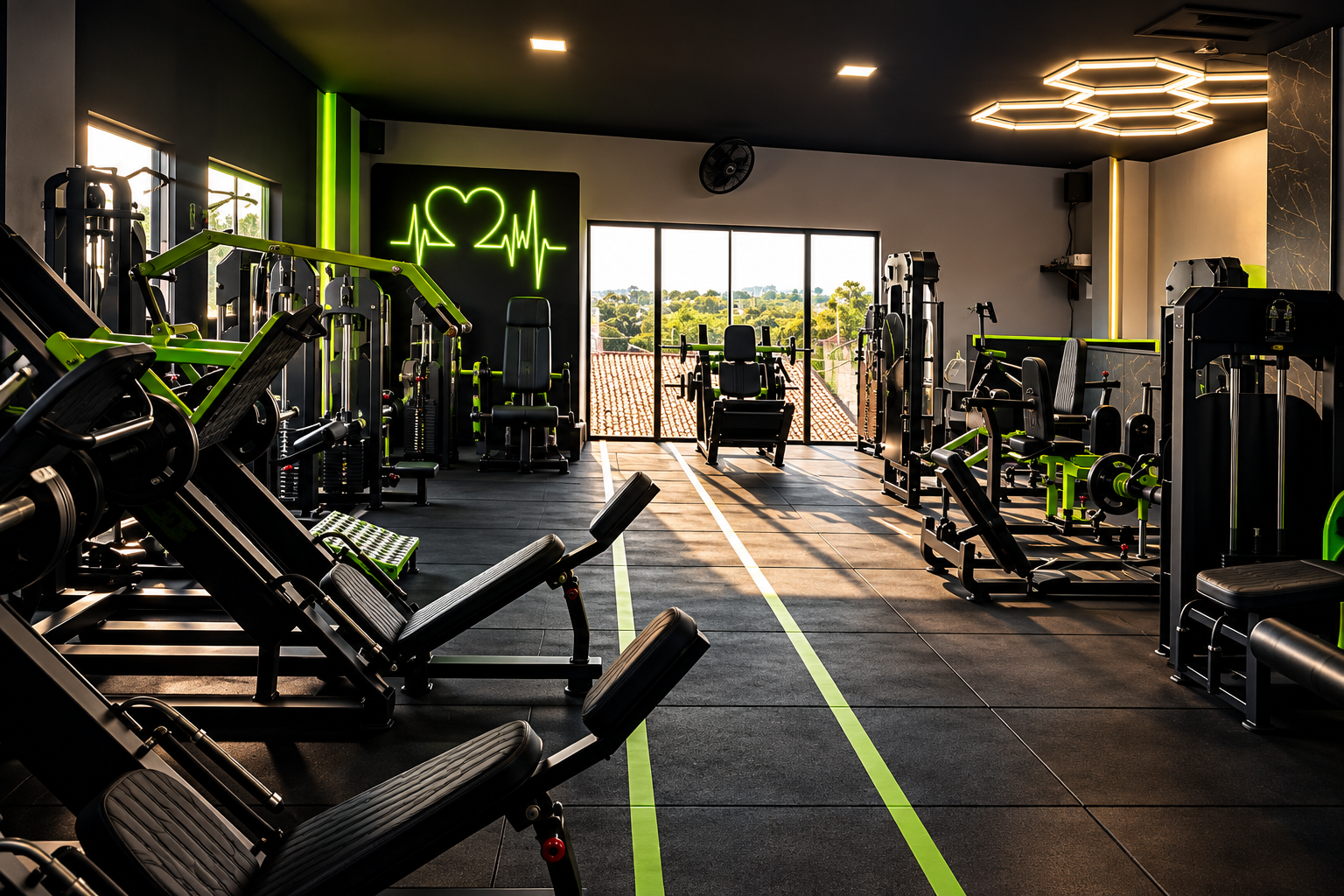 Espaço da JC Academia com equipamentos pretos e detalhes verde neon